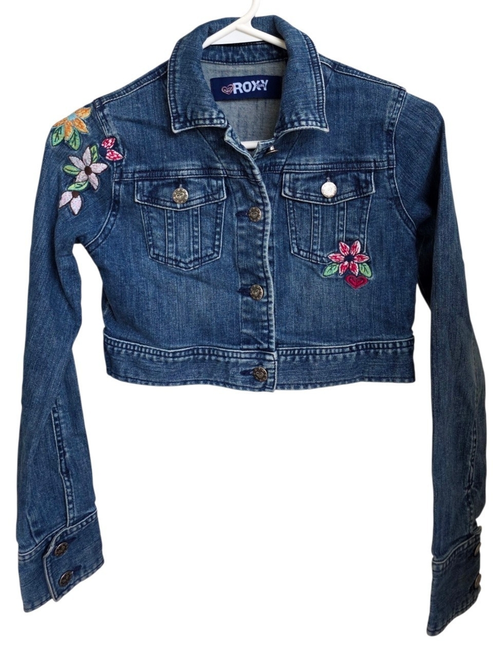 Vintage Y2K Roxy Girl Blue Cropped Denim Jacket with Floral Embroidery